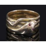 A Victorian 15ct gold ruby set snake or serpent ring,