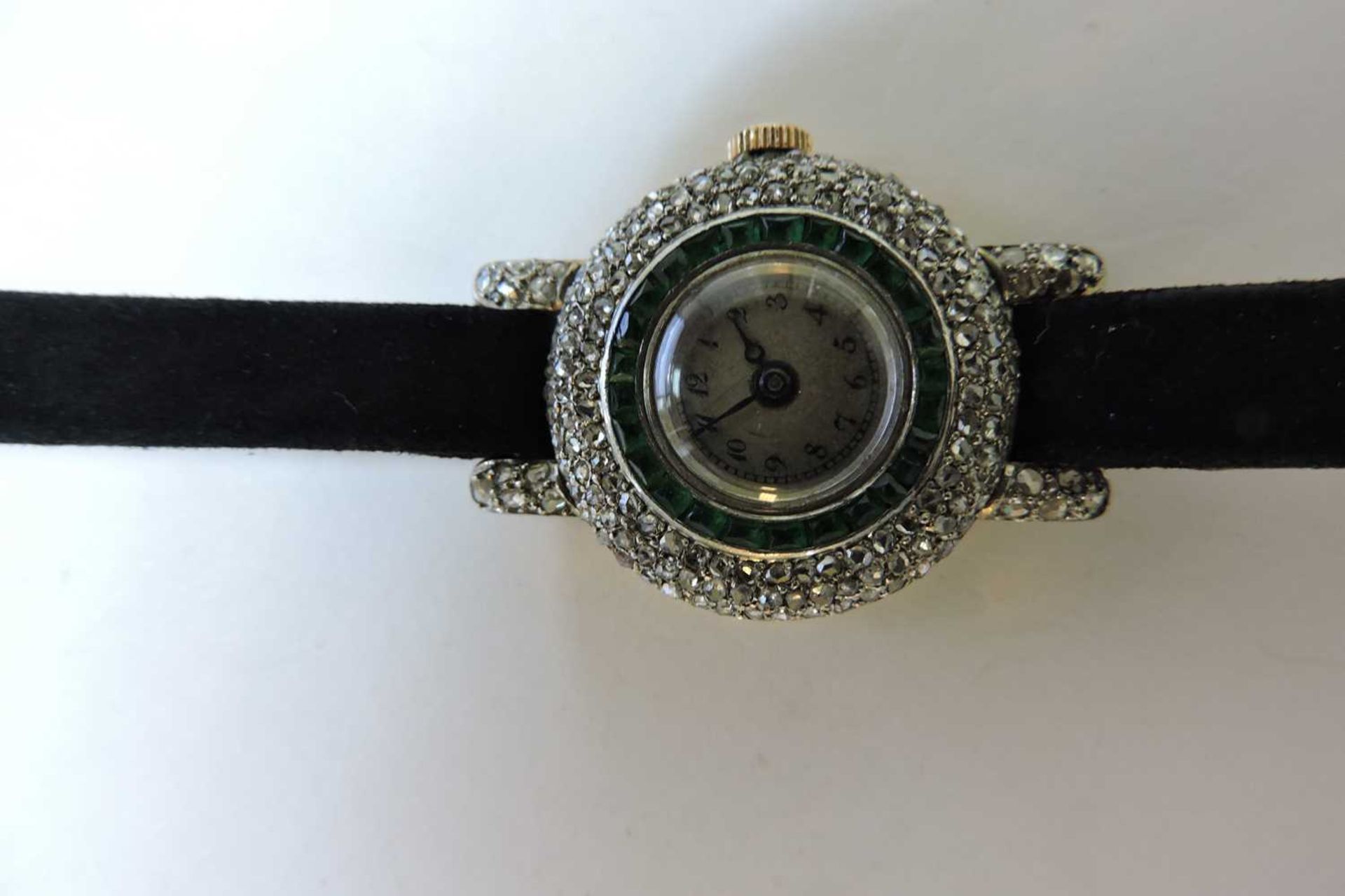 A ladies' Art Deco 18ct two colour gold Longines emerald and diamond cocktail watch, c.1920, - Image 5 of 5