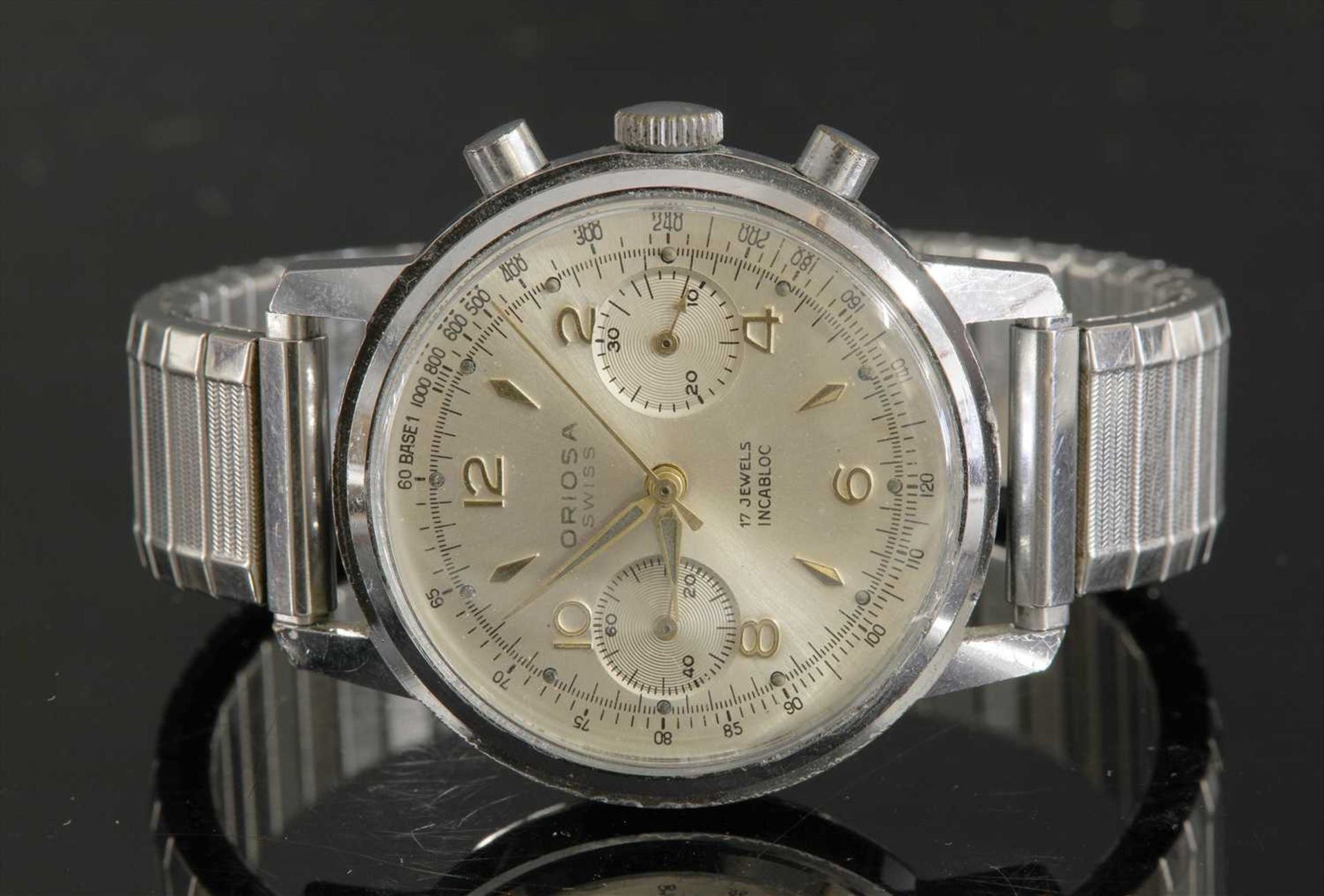 A gentlemen's stainless steel Oriosa mechanical chronograph strap watch,