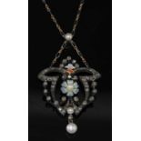 An Art Nouveau diamond and enamel pendant,