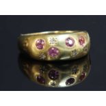 An 18ct gold pink sapphire and diamond Prussian-style ring,