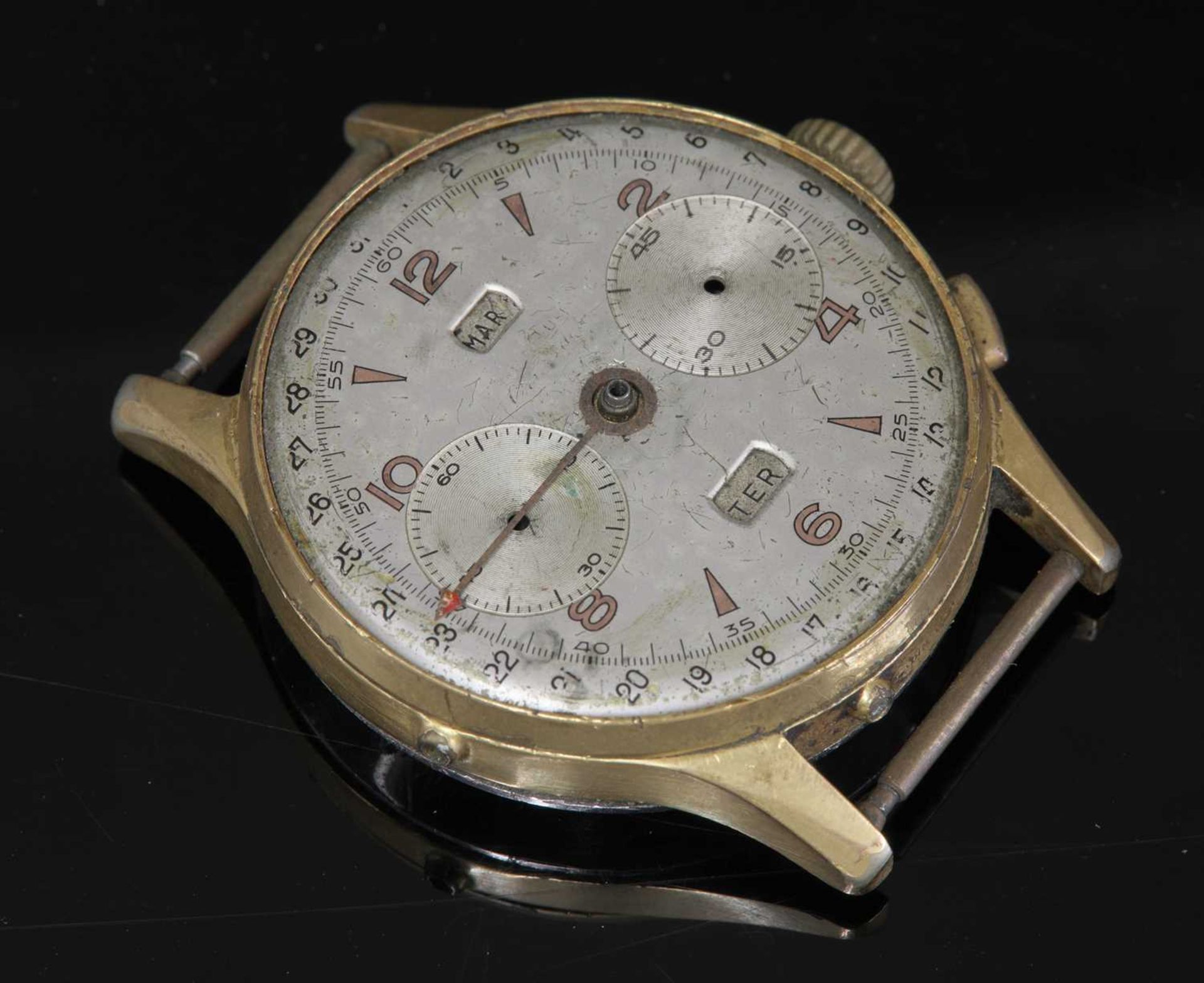 A gentlemen's gold plated Angelus 'Chronodate' triple date chronograph strap watch,