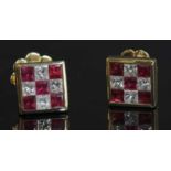 A pair of gold ruby and diamond chequerboard square cluster earrings,