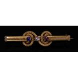 A Victorian gold diamond, sapphire and ruby bar brooch,