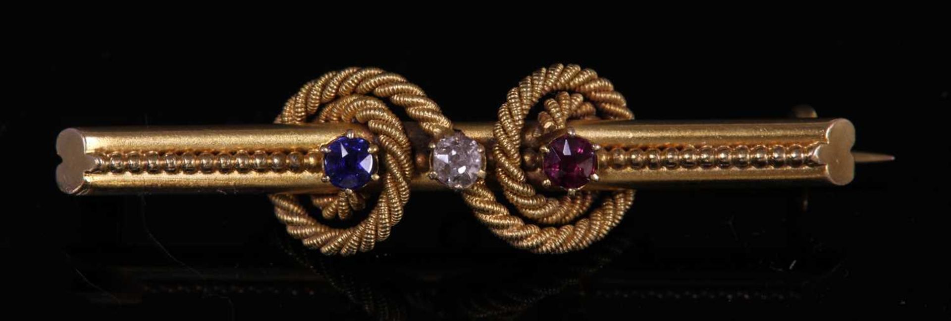 A Victorian gold diamond, sapphire and ruby bar brooch,