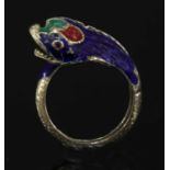 A Continental gold enamelled dolphin or fish ring, c.1960,