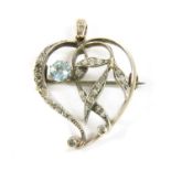 An aquamarine and diamond heart brooch/pendant,