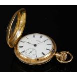 An American gold A.W. Co. Waltham side wind hunter pocket watch,