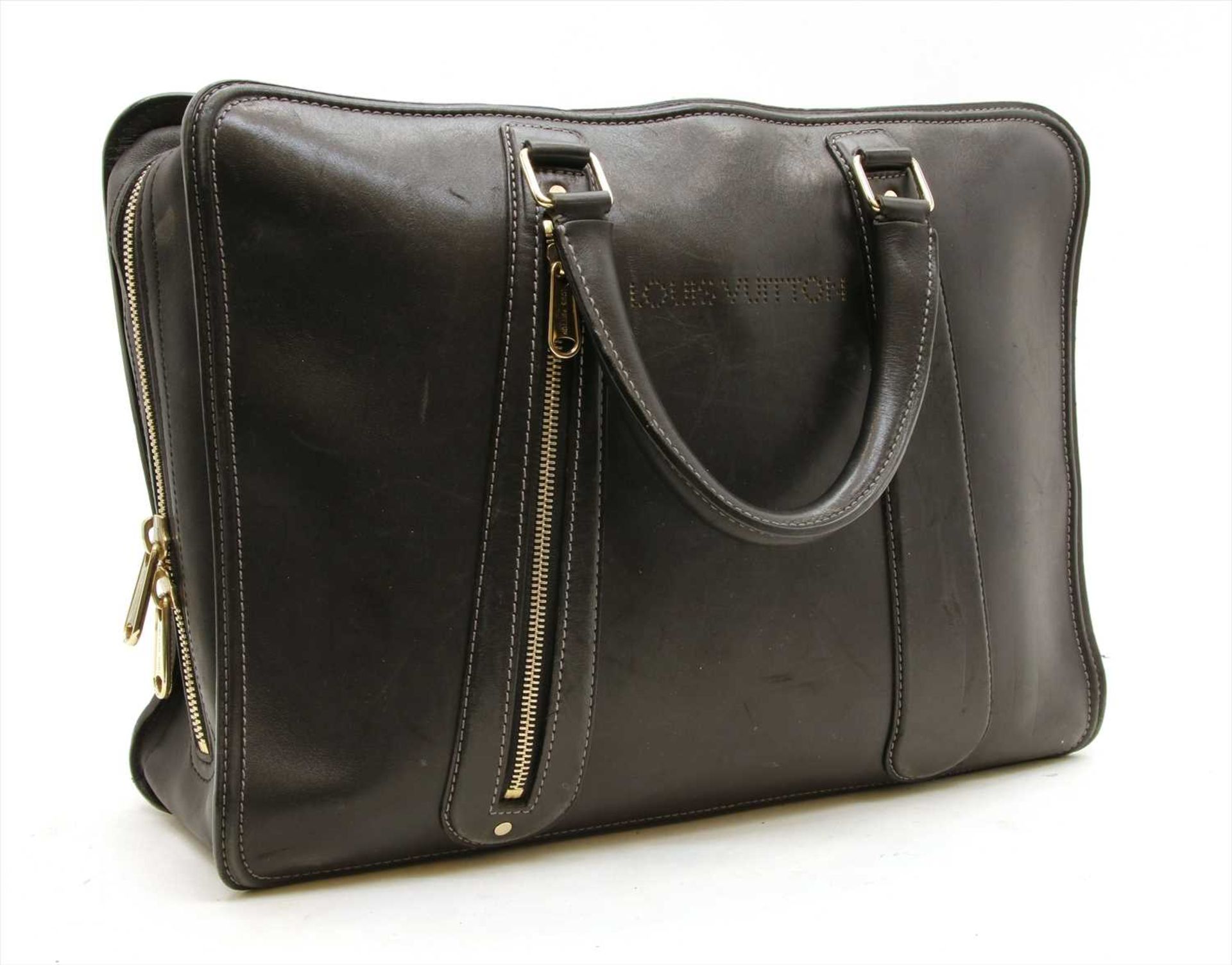 A Louis Vuitton black leather travel bag/laptop case,