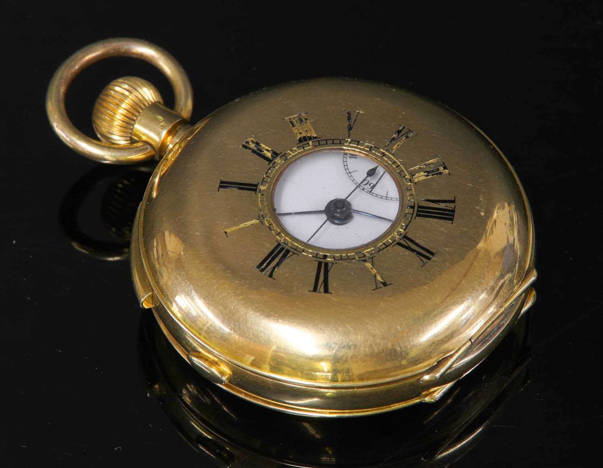 A Swiss 18ct gold quarter repeater side wind half hunter pocket watch,