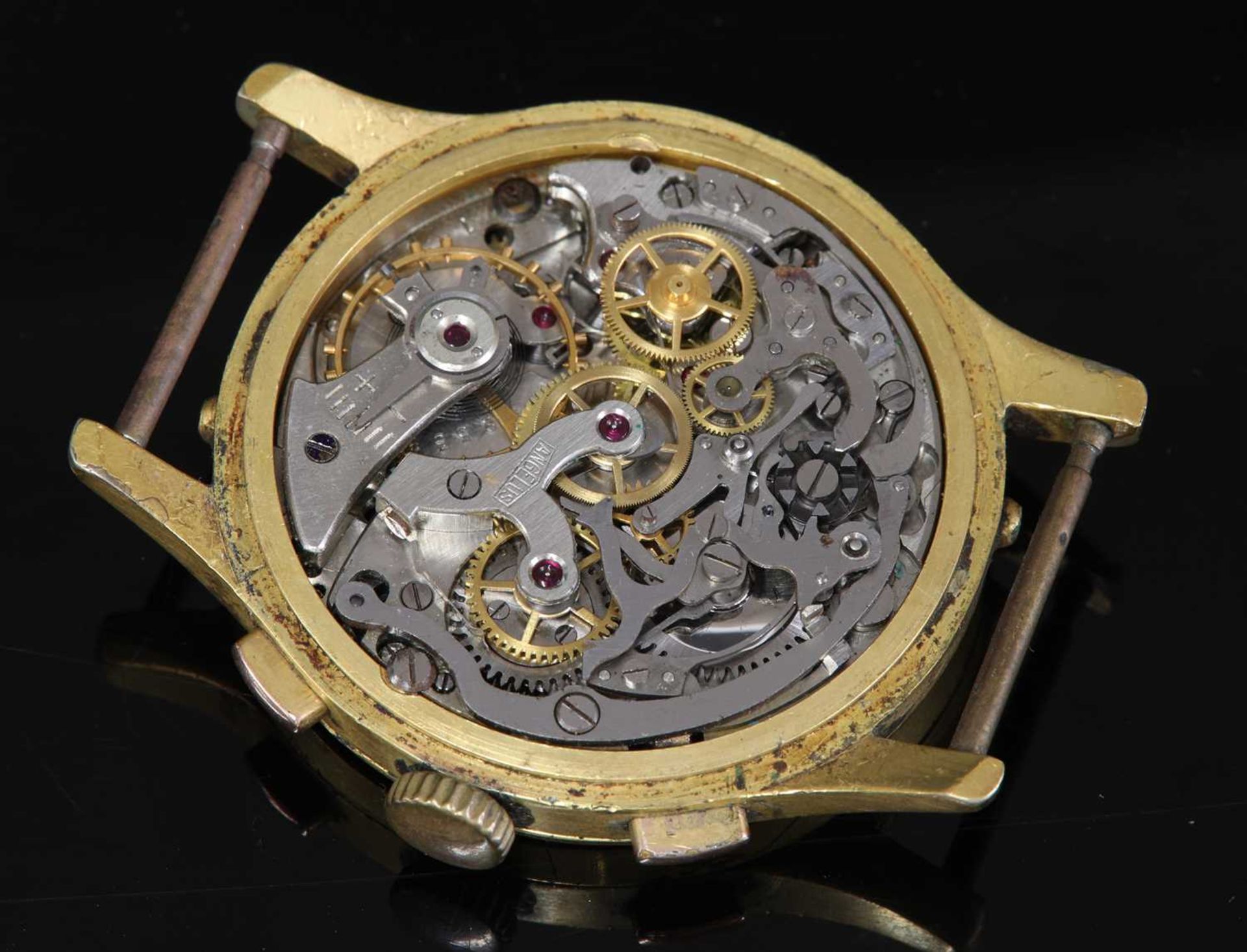 A gentlemen's gold plated Angelus 'Chronodate' triple date chronograph strap watch, - Image 2 of 2