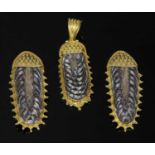 An American gold fossil opal pendant and earring suite by Luna Felix,