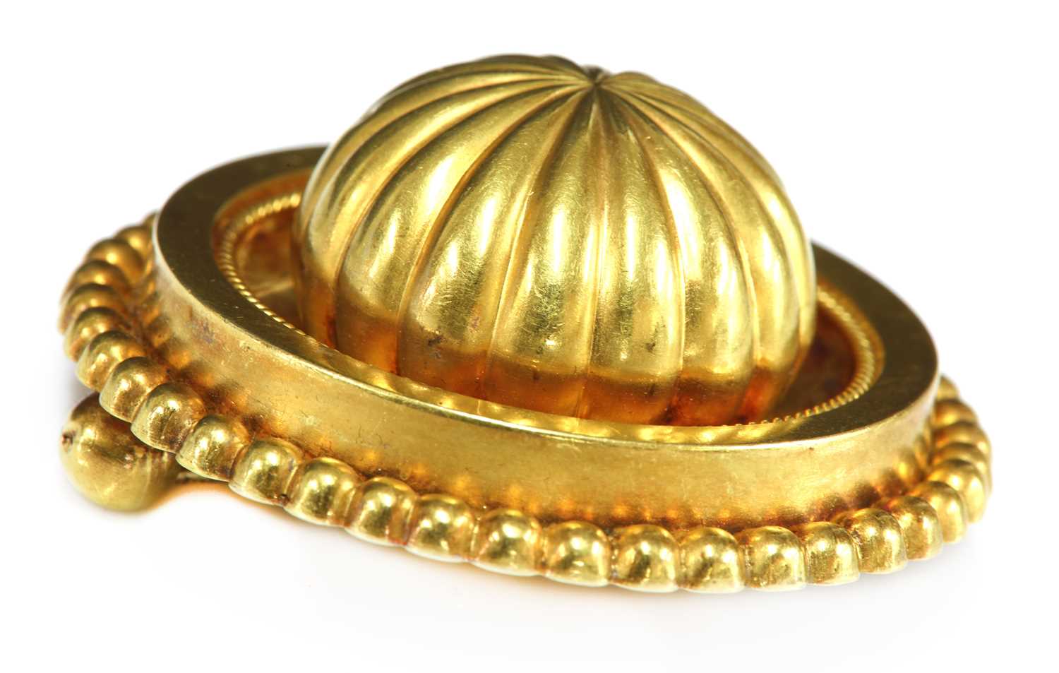 A Victorian Etruscan Revival gold shield form brooch, c.1870, - Image 2 of 2