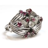 A white gold diamond, ruby and synthetic ruby ring, c.1940,