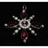 A Georgian gold foiled garnet and split pearl cruciform brooch/pendant,