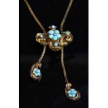 A Victorian gold turquoise forget-me-not lariat necklace, c.1840,