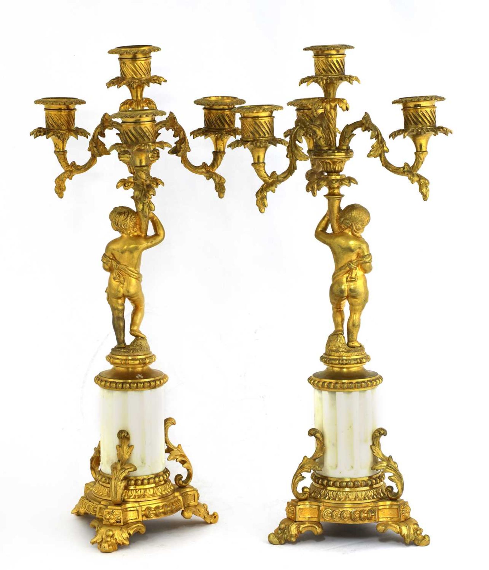 A pair of Gustavian ormolu and marble-mounted four-branch candelabra, - Image 2 of 2