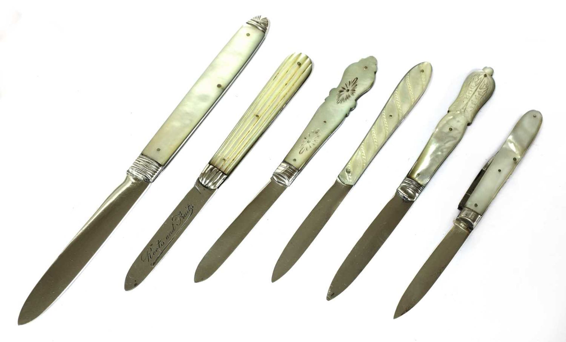 Six silver and mother-of-pearl folding fruit knives,