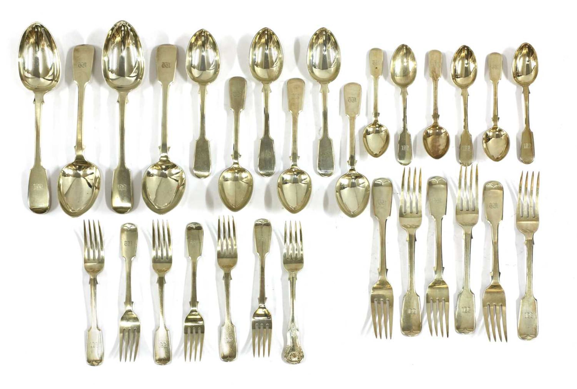 A part set of silver fiddle pattern cutlery,