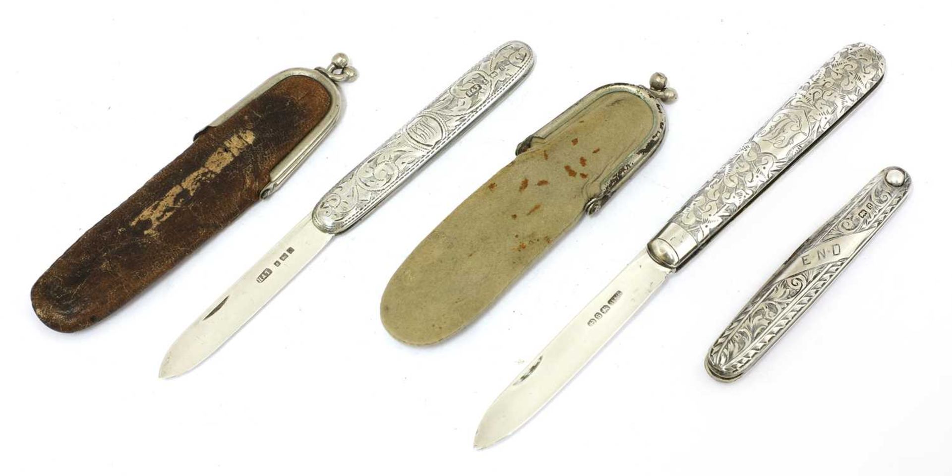 Three silver folding fruit knives