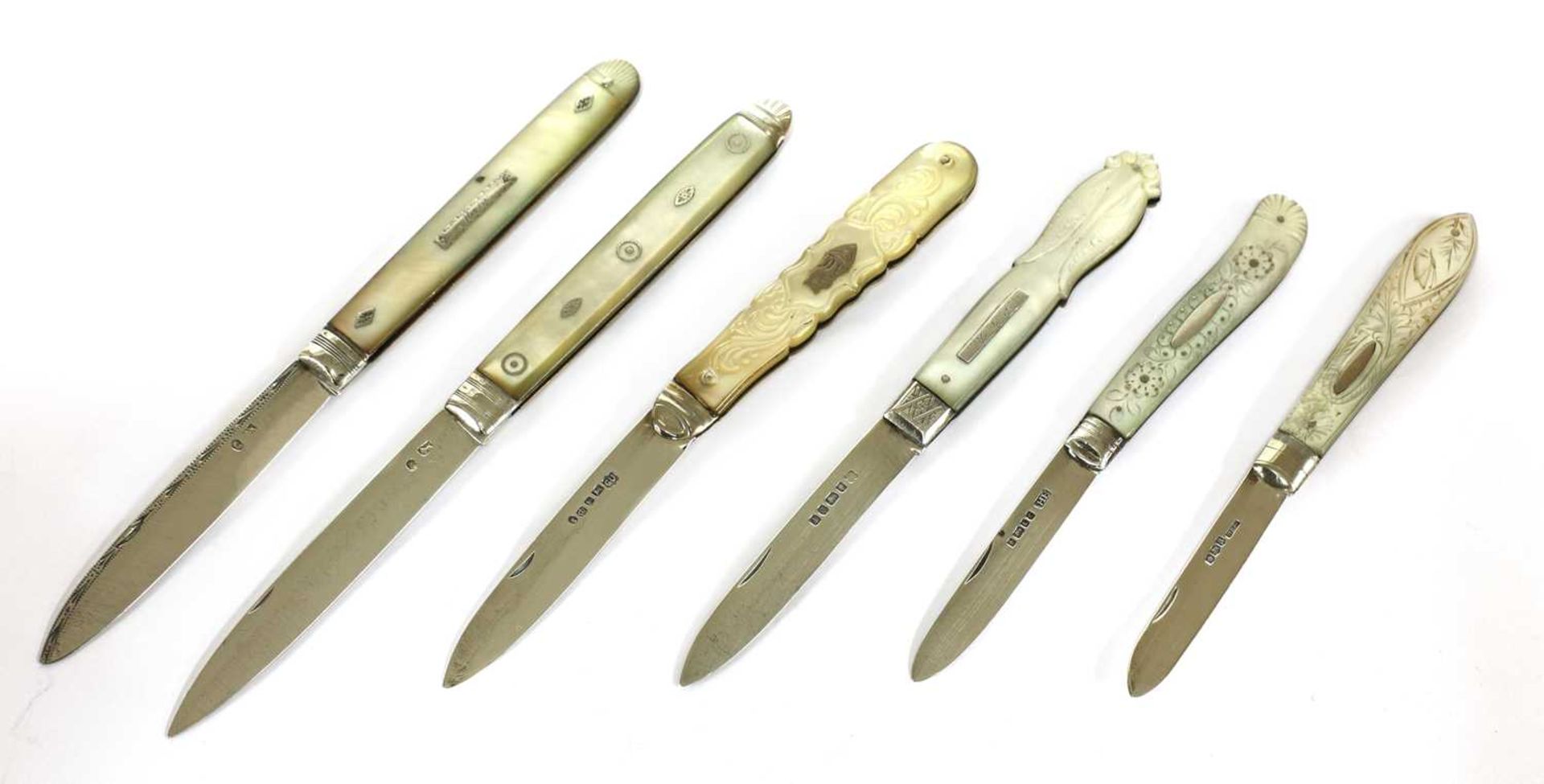 Six silver and mother-of-pearl folding fruit knives,