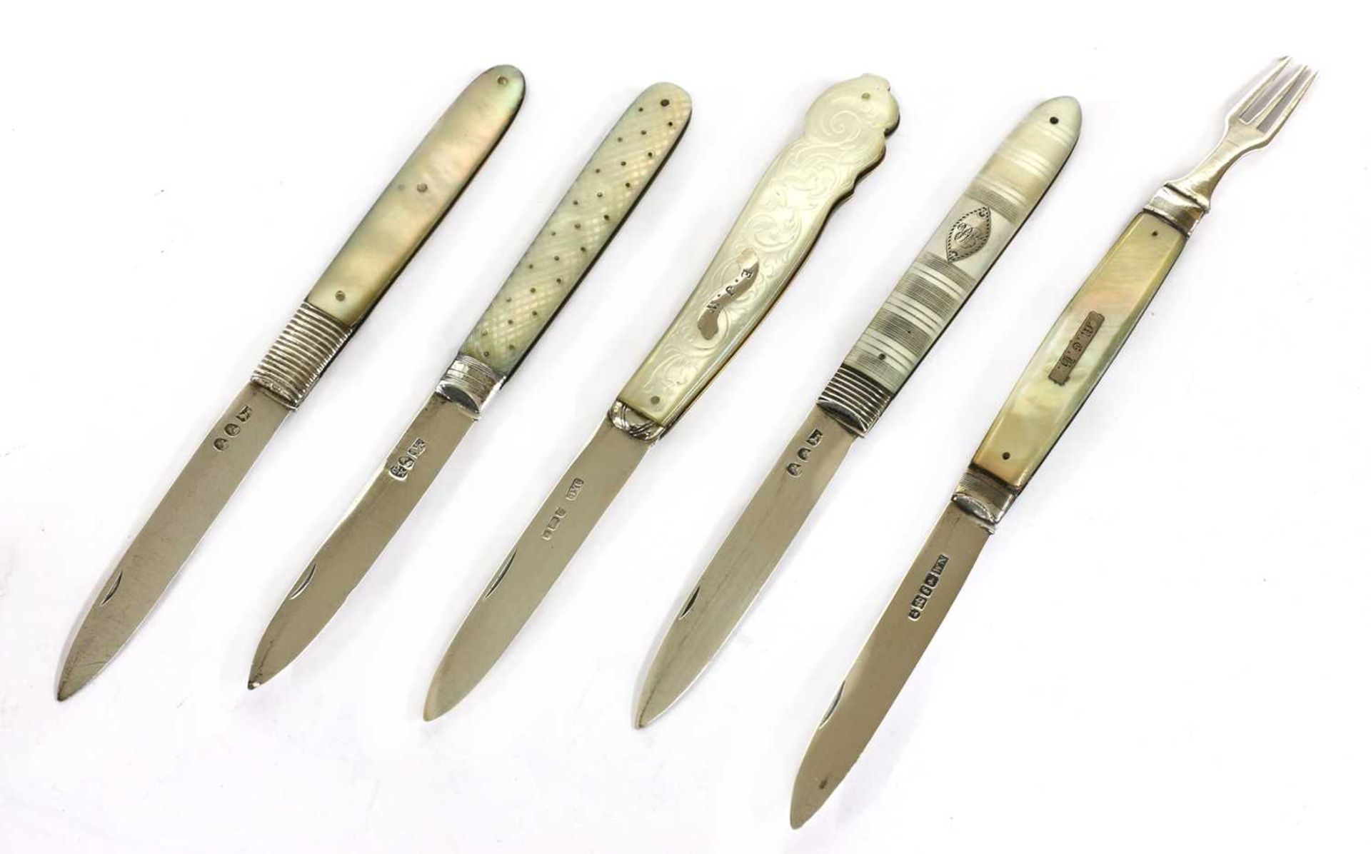 Five silver and mother-of-pearl folding fruit knives,