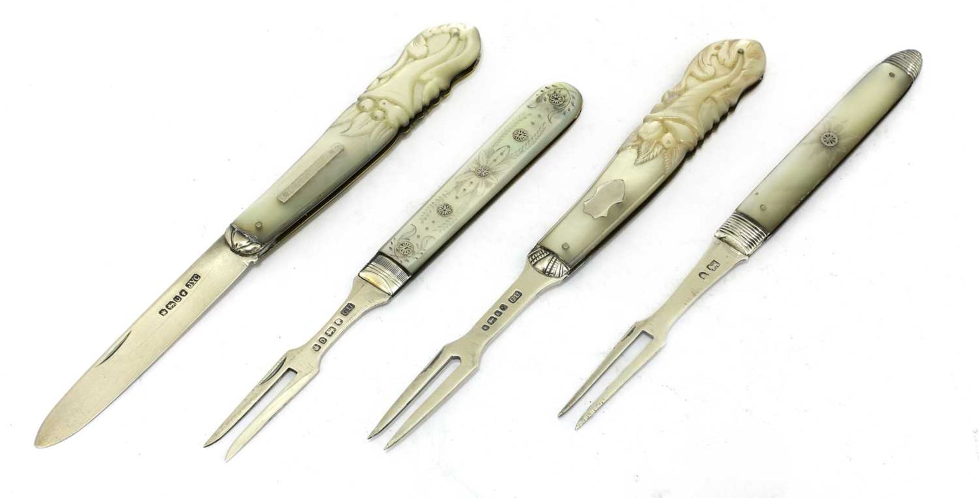 Three silver and mother-of-pearl folding fruit forks and a knife,