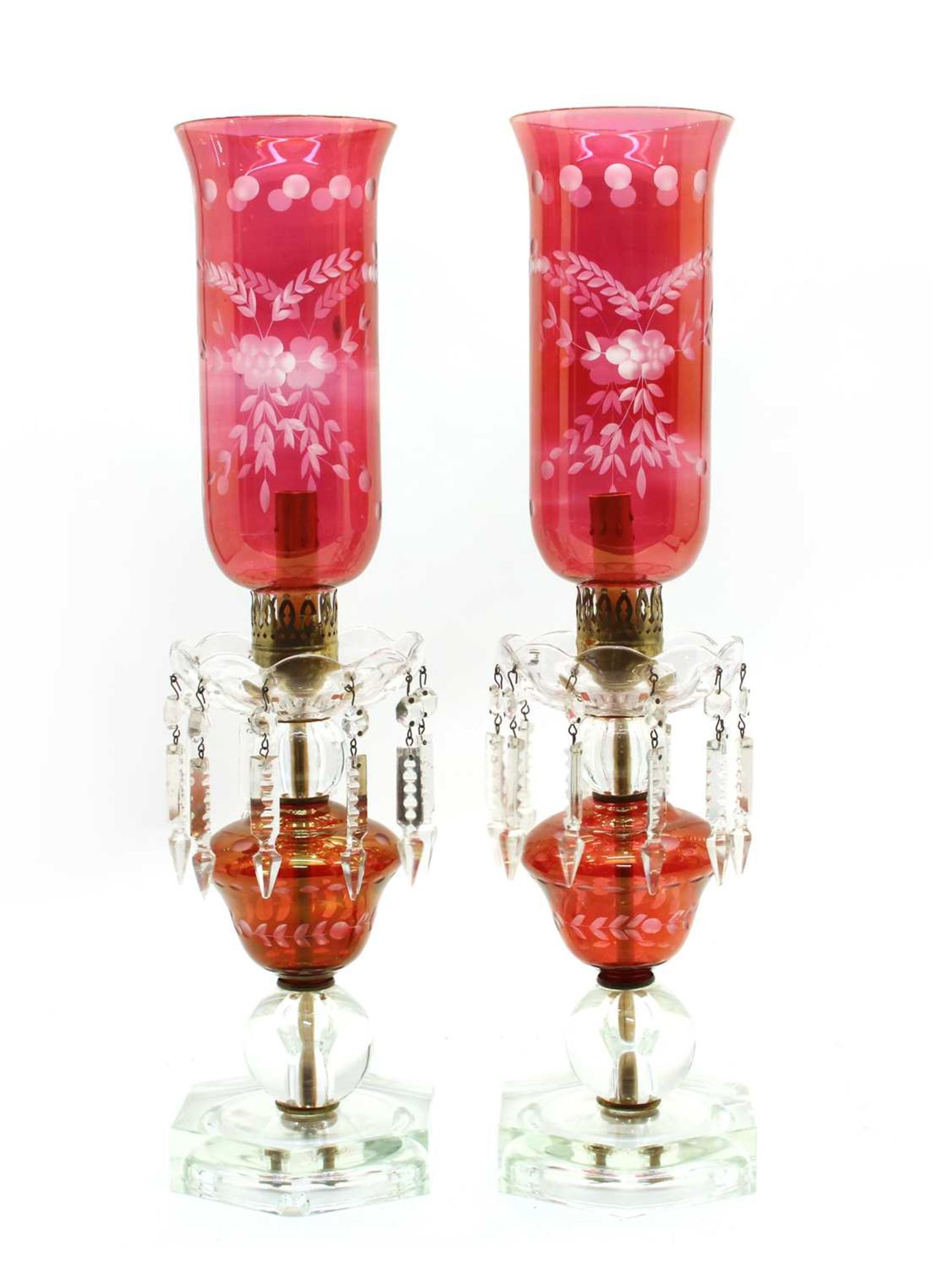 A pair of Victorian style clear and cranberry glass lustre table lamps, - Image 2 of 2