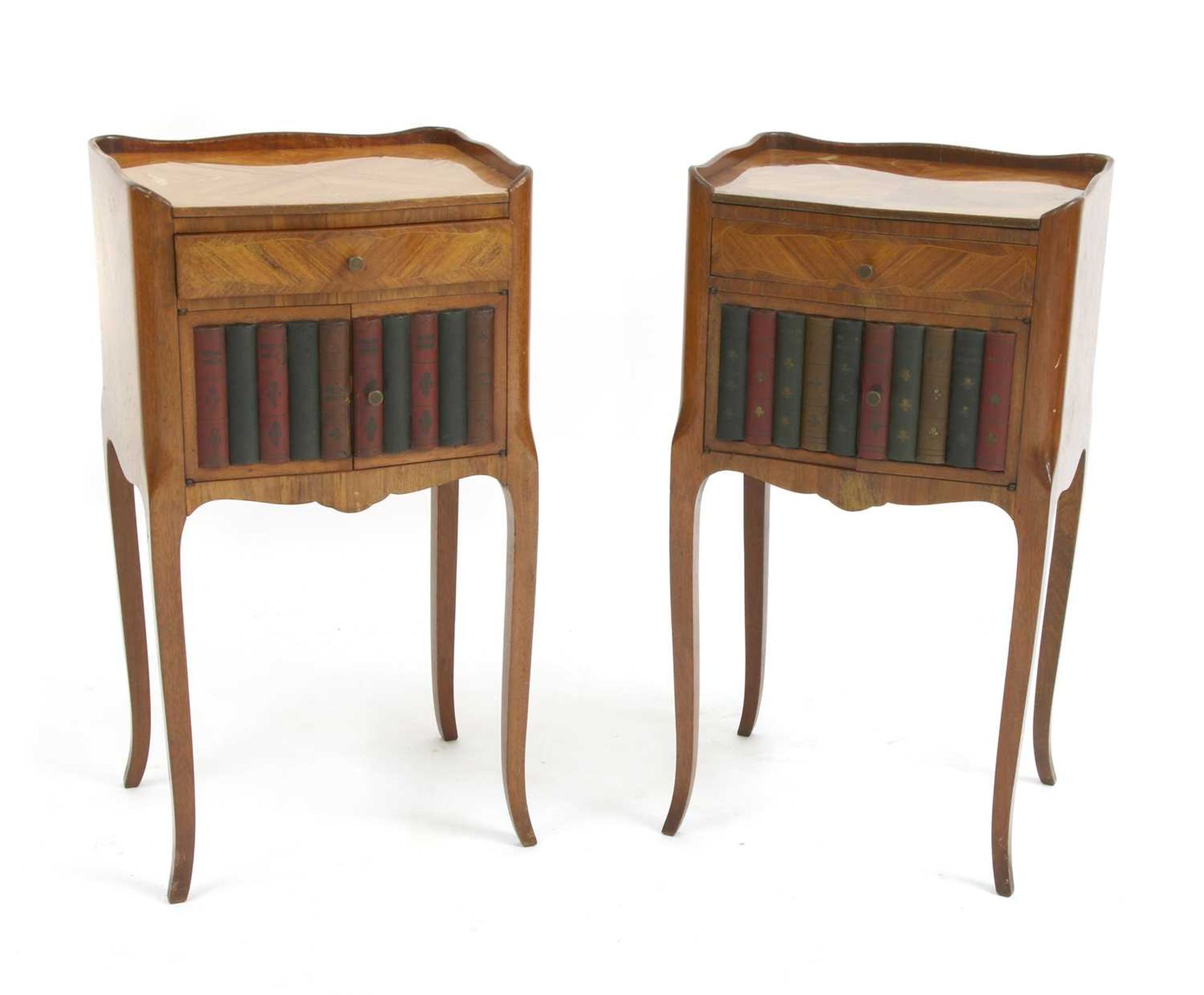 A pair of French walnut? bedside tables,
