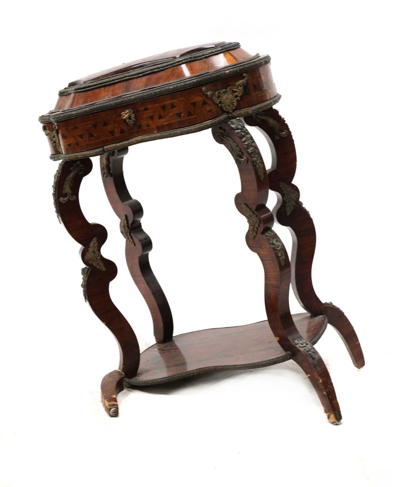 A late 19th century French kingwood and parquetry inlaid sewing table,