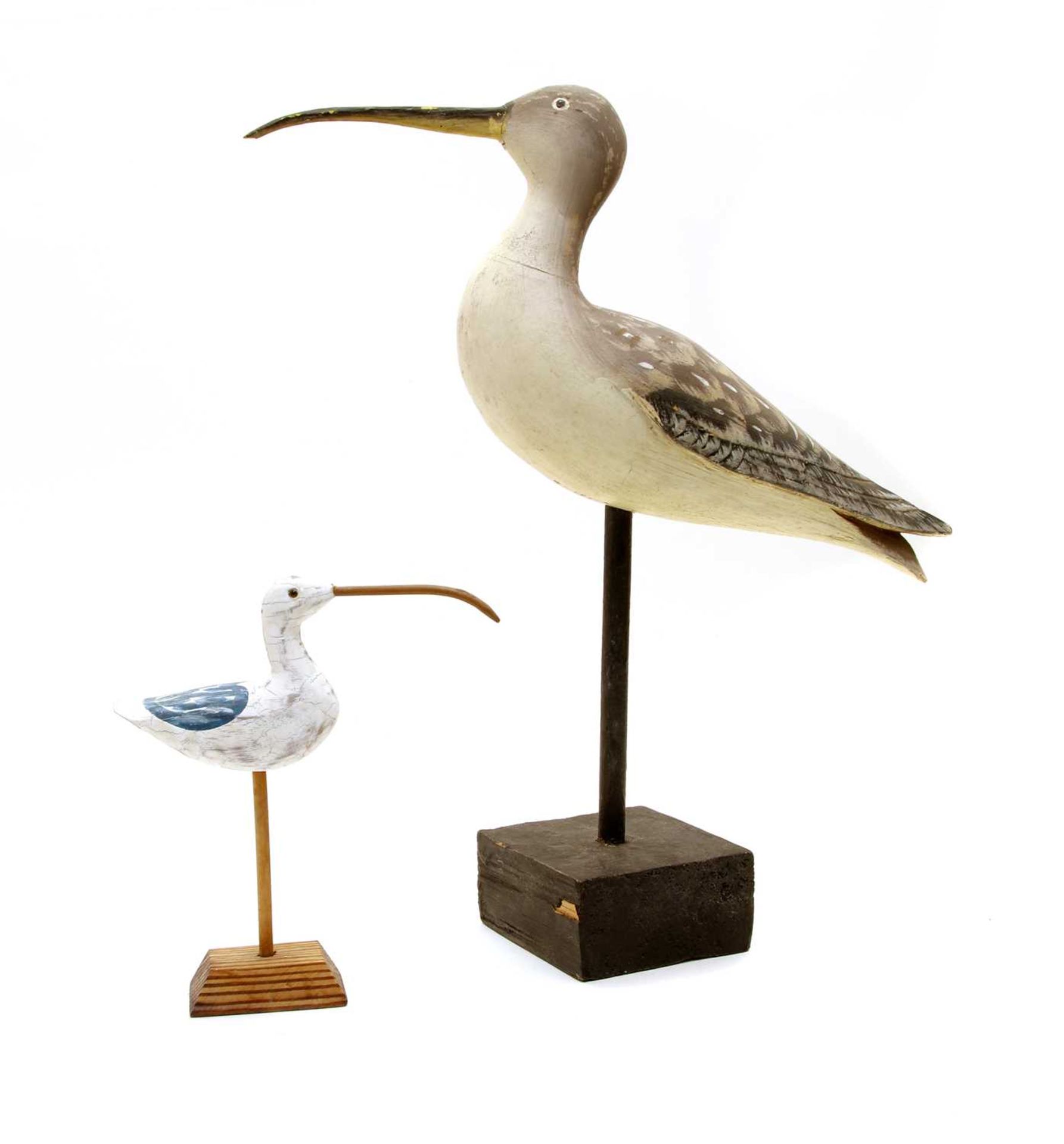 A carved wooden and painted curlew,