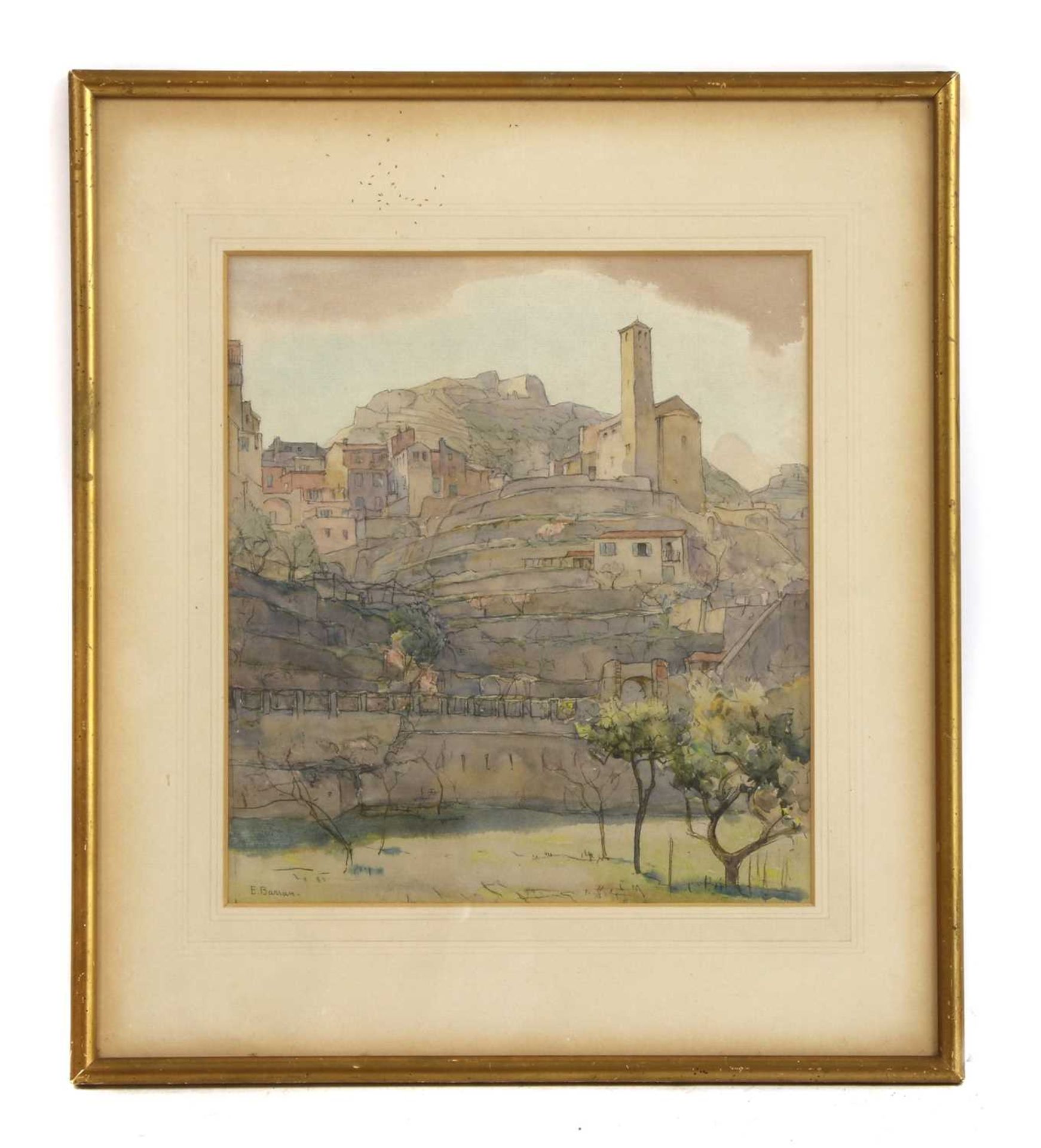 E Barron (British, 20th Century), Italian hillside town,