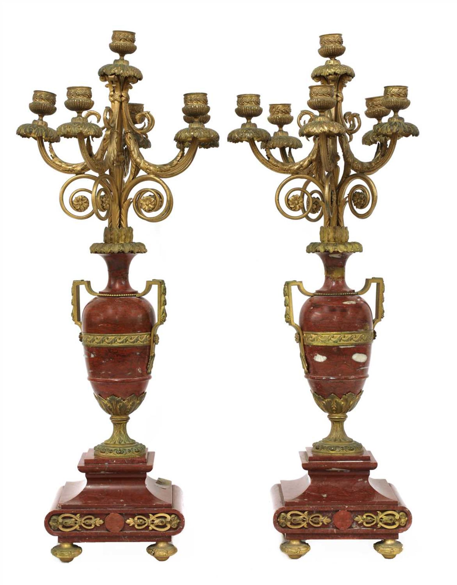 A pair of Louis XV-style ormolu and rouge marble six-light candelabra,