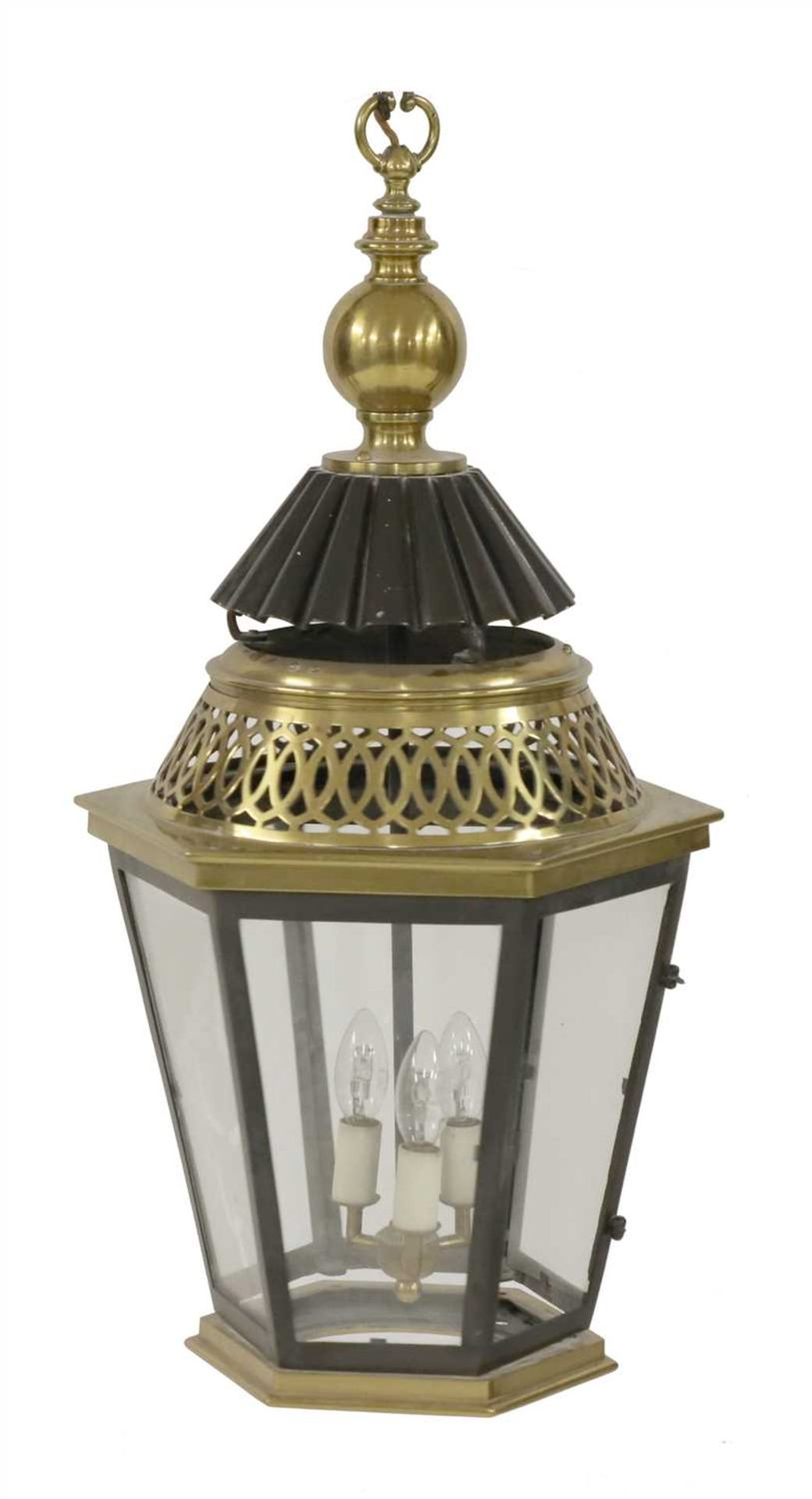 A brass, bronzed and ebonised hall lantern,