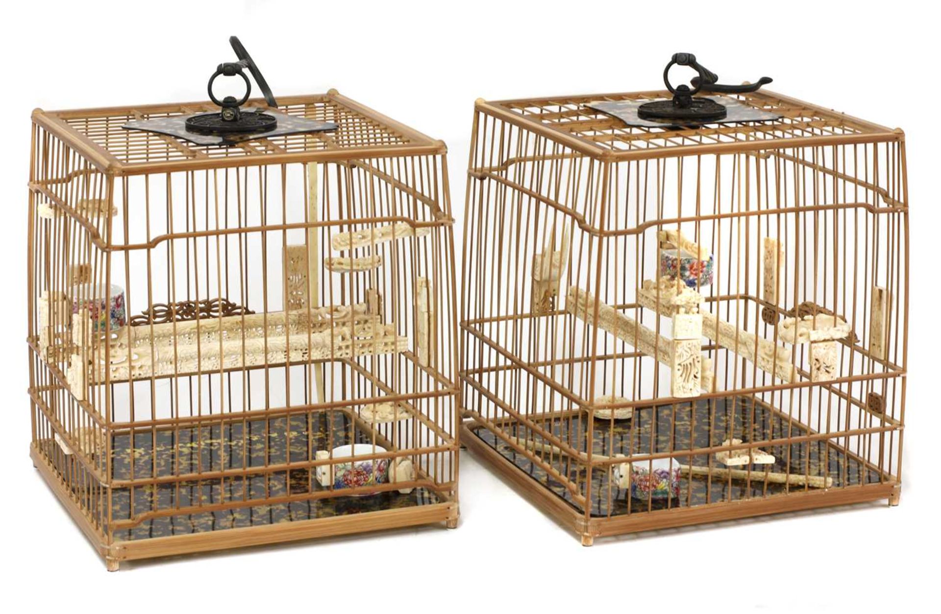 A pair of Chinese bamboo birdcages,