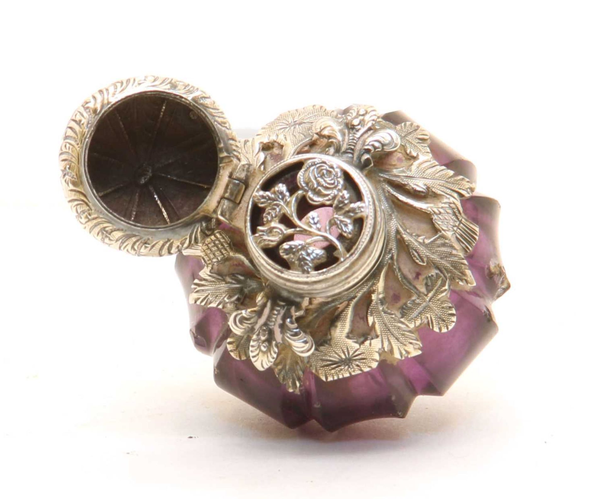A small amethyst glass and white metal scent bottle of squat form, - Image 3 of 3
