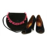 A pair of Clive Shilton hand-made black velvet peep-toe heeled court shoes,