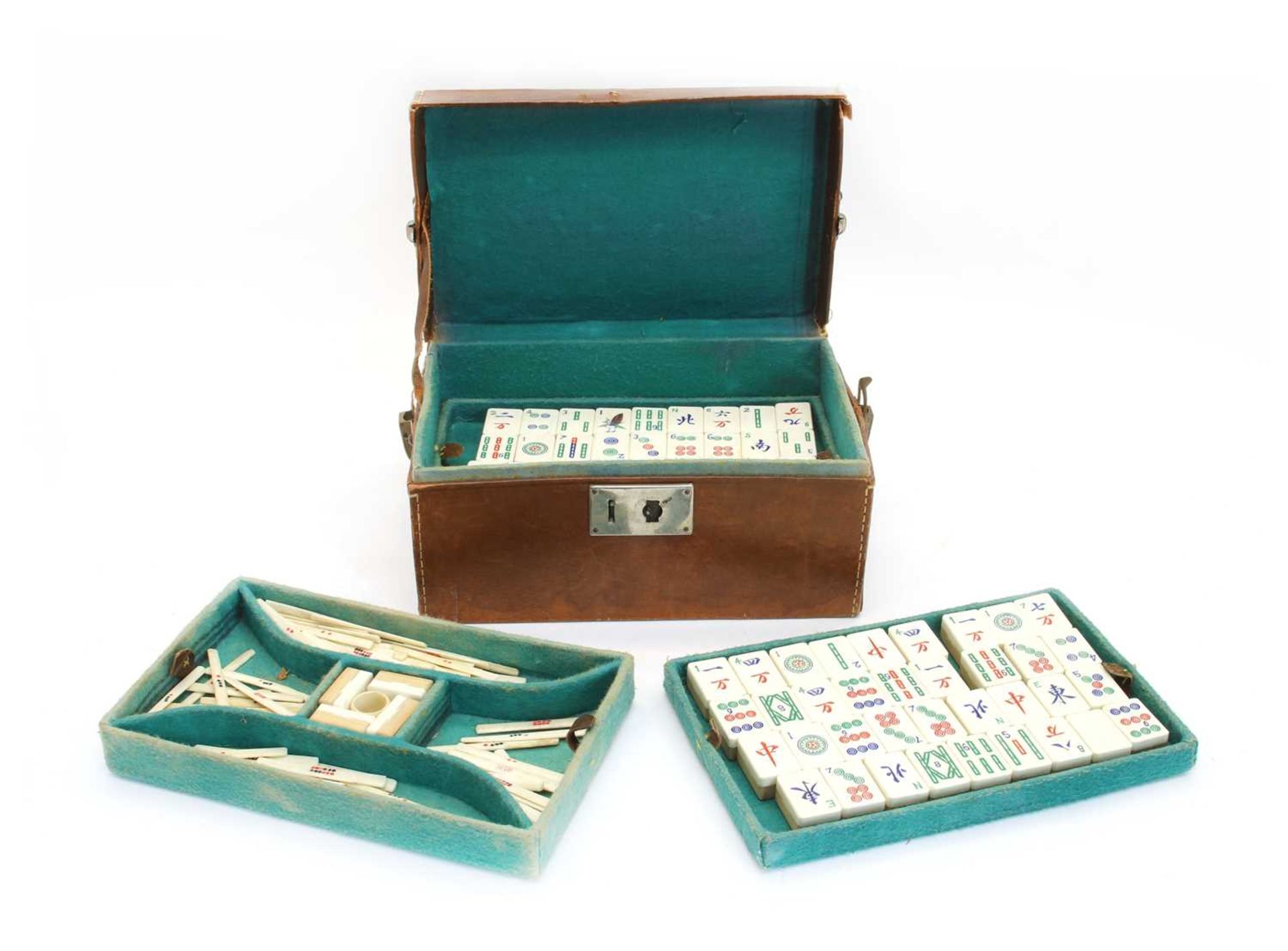 A Chinese leather cased bamboo and bone Mahjong set, - Image 2 of 2