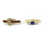 A gold sapphire and diamond three stone ring,