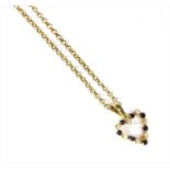 A 9ct gold diamond and sapphire heart pendant,
