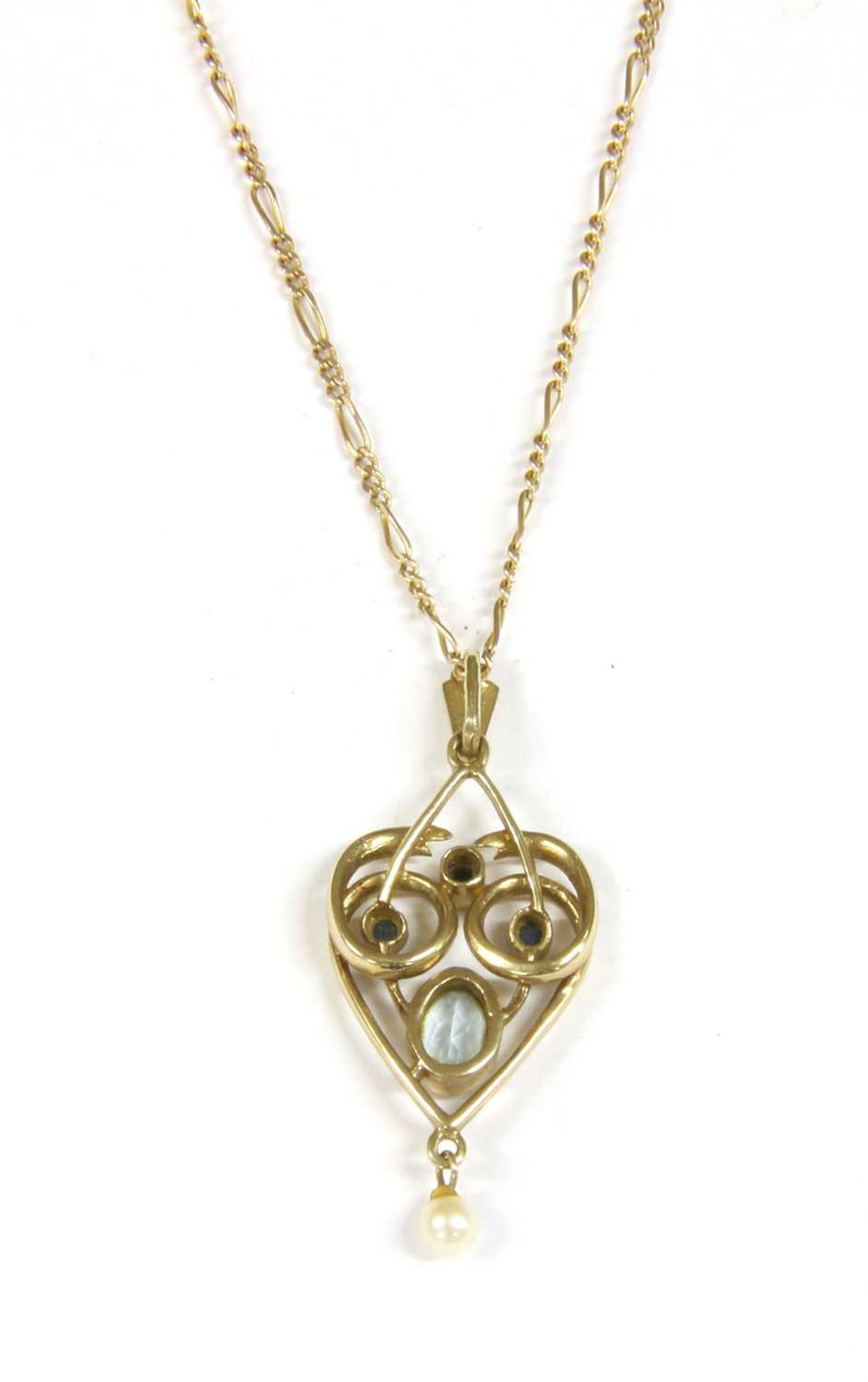 A 9ct gold aquamarine, sapphire and pearl pendant, - Bild 3 aus 3
