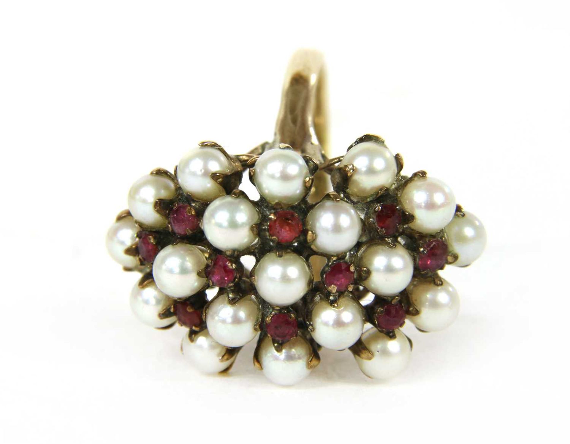 A gold cultured pearl and ruby cluster ring,