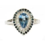 A white gold aquamarine and diamond cluster ring,