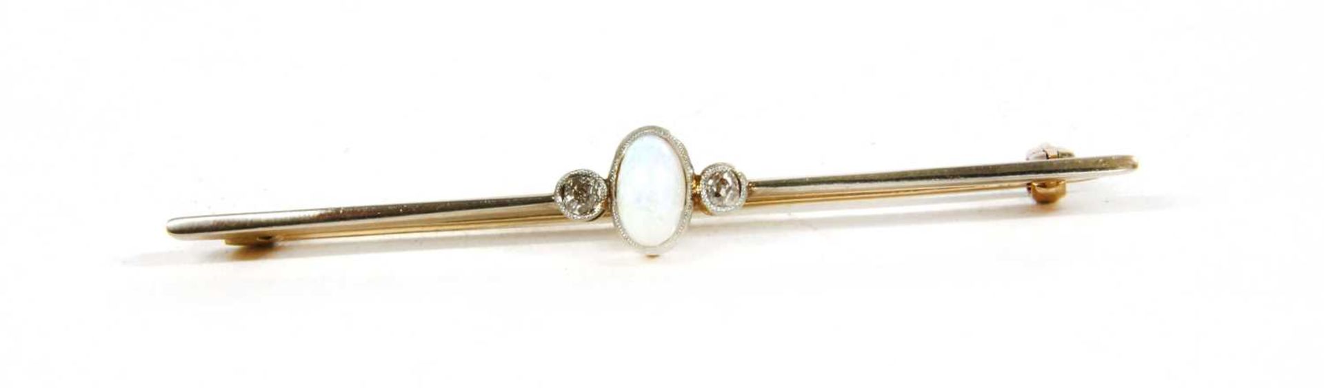 A gold opal and diamond bar brooch,