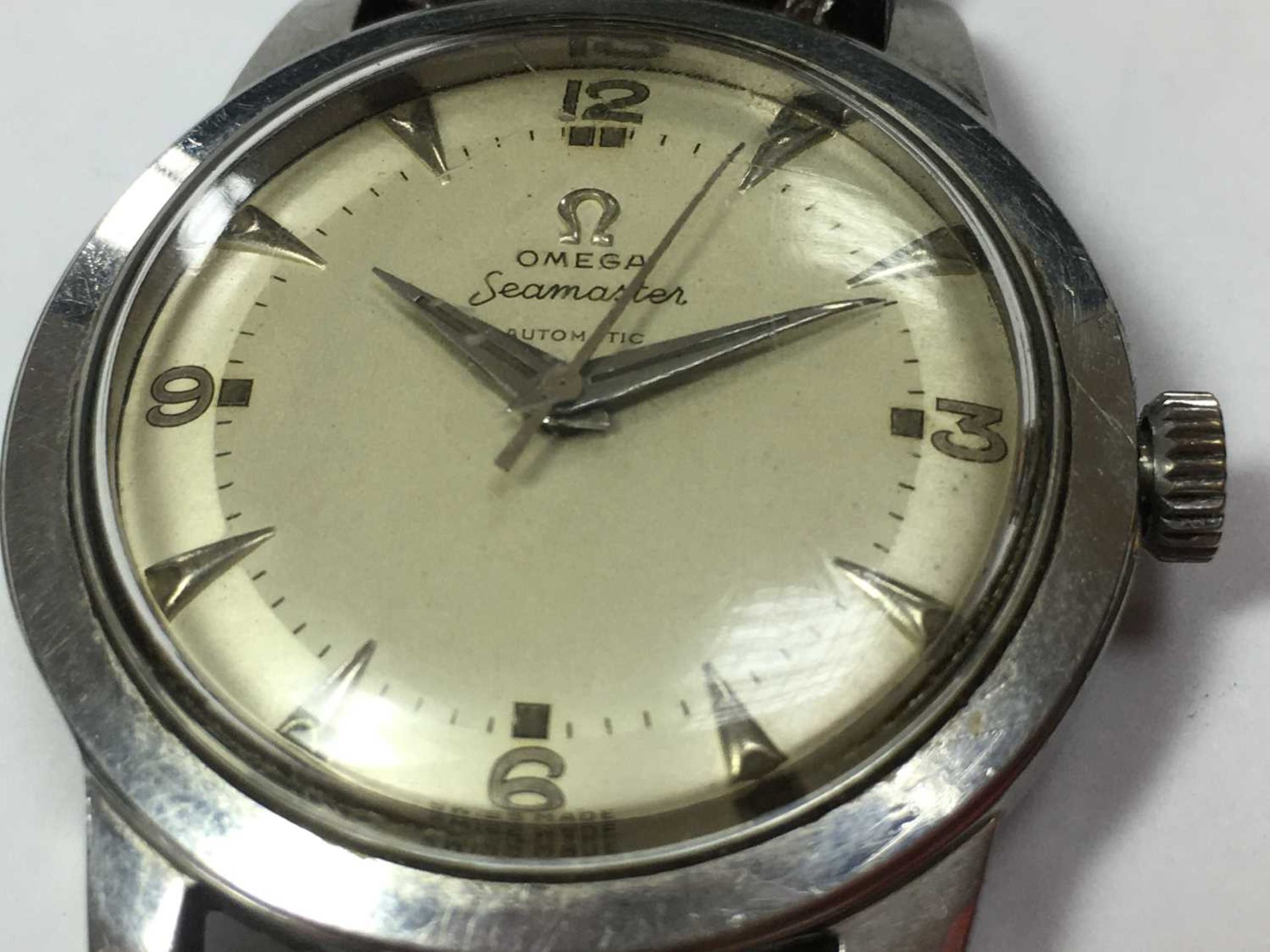 A gentlemen's stainless steel Omega 'Seamaster' automatic strap watch, c.1950 - Bild 7 aus 8