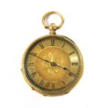 A gold open-faced key wound fob watch,