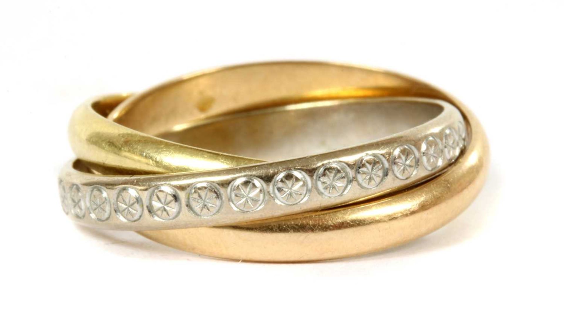 An 18ct three colour gold Russian wedding ring,