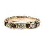 A Georgian silver and gold, garnet, split pearl and diamond full hoop ring,