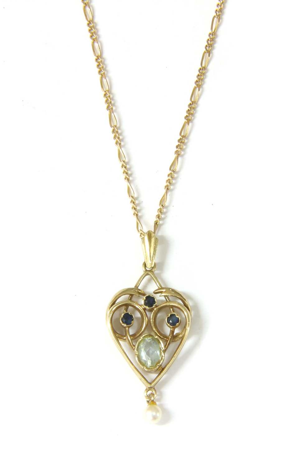 A 9ct gold aquamarine, sapphire and pearl pendant,