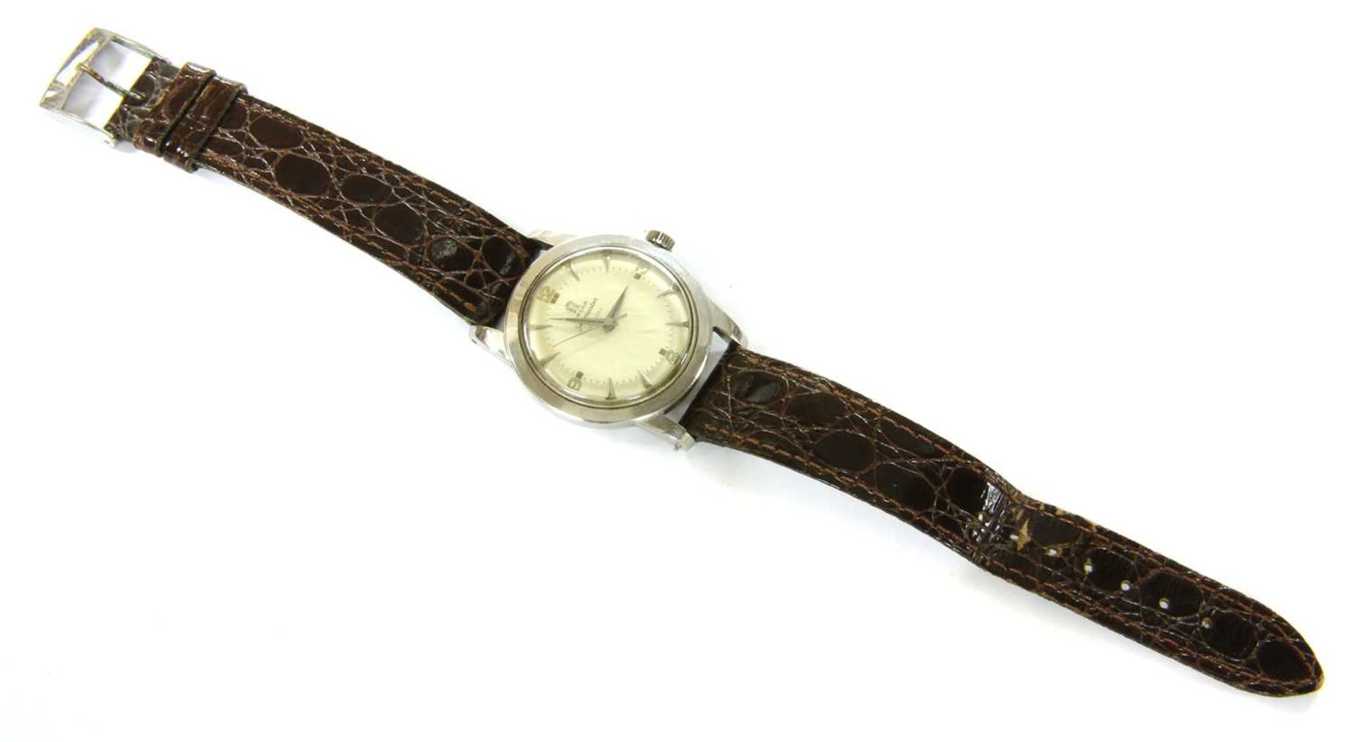 A gentlemen's stainless steel Omega 'Seamaster' automatic strap watch, c.1950